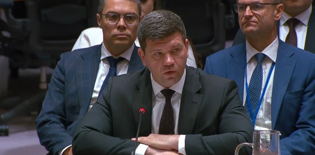 Заступник постійного представника України при ООН виступає на засіданні Ради Безпеки щодо припинення вогню.