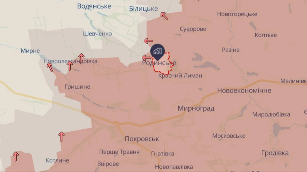 Мапа бойових дій: окупація Родинського, просування РФ поблизу Артільного.